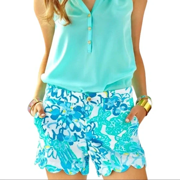 Lilly Pulitzer The Buttercup Scallop Hem Short Size 00 Blue White Yellow - Picture 3 of 11